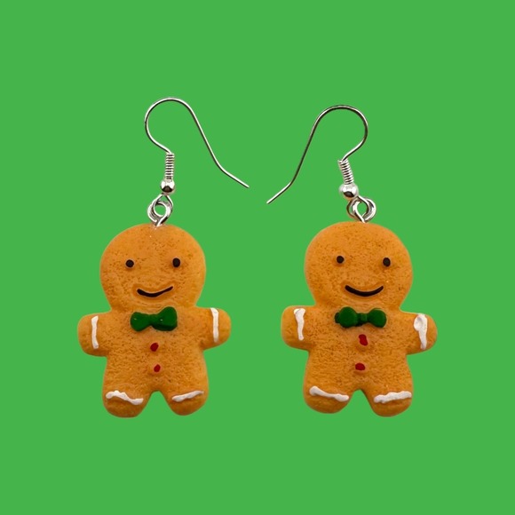 Gingerbread Man Earrings Silver-plated Fish Hook Ear Wires - Picture 1 of 4